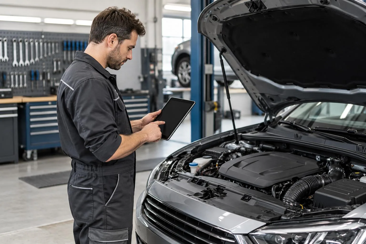 Fachkraft führt eine digitale Fahrzeugdiagnose in einer Werkstatt durch